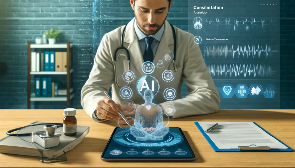 doctor using ai on a tablet to discuss personalized treatment options with a patient, demonstrating ai's impact on individualized healthcare