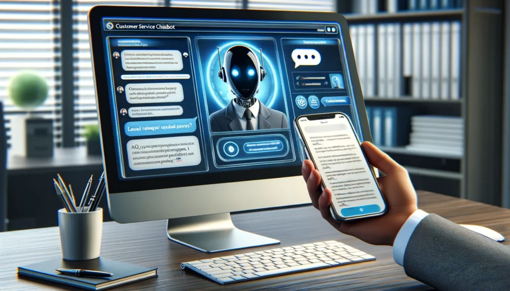 computer screen showing a customer service chatbot and a smartphone displaying a language translation tool in an office.
