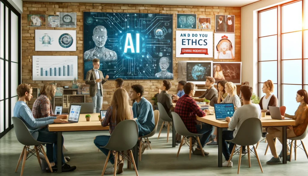 diverse group of people participating in an ai workshop, collaborating on laptops with ai-related presentations and posters in the background.