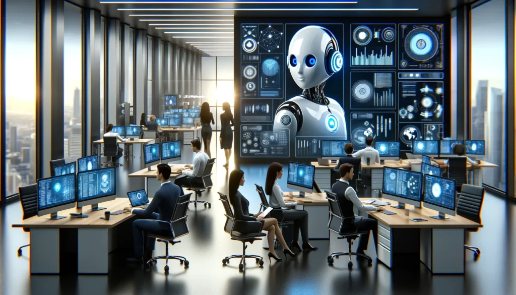 employees in a modern office using ai-powered chatbots and data analytics dashboards.