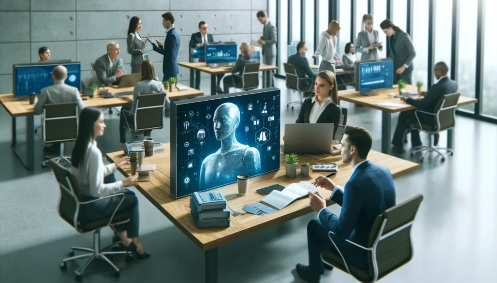 a modern workplace with employees using ai technology to enhance efficiency and decision-making.