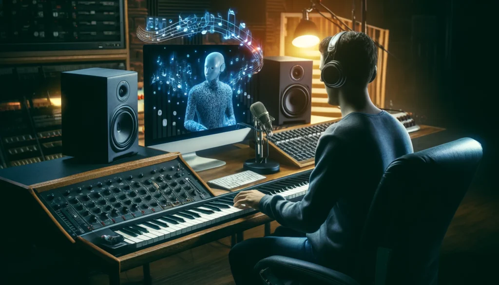 musician using ai software for composing music at a digital audio workstation in a professional studio.