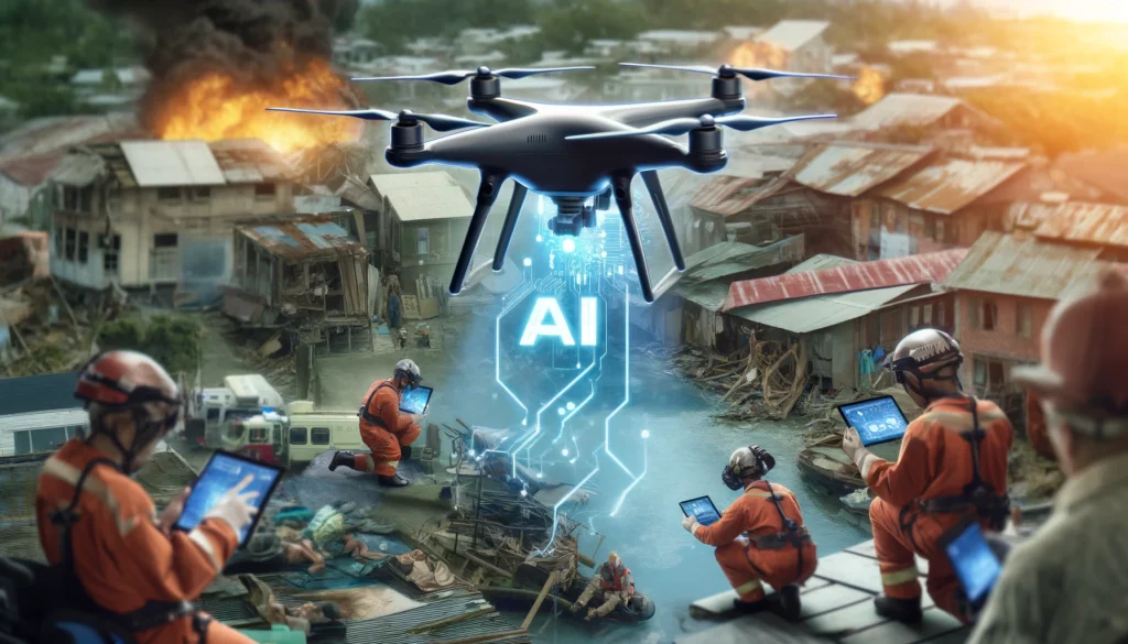 ai-powered drone surveying a disaster area with rescue workers using tablets to analyze data for relief operations