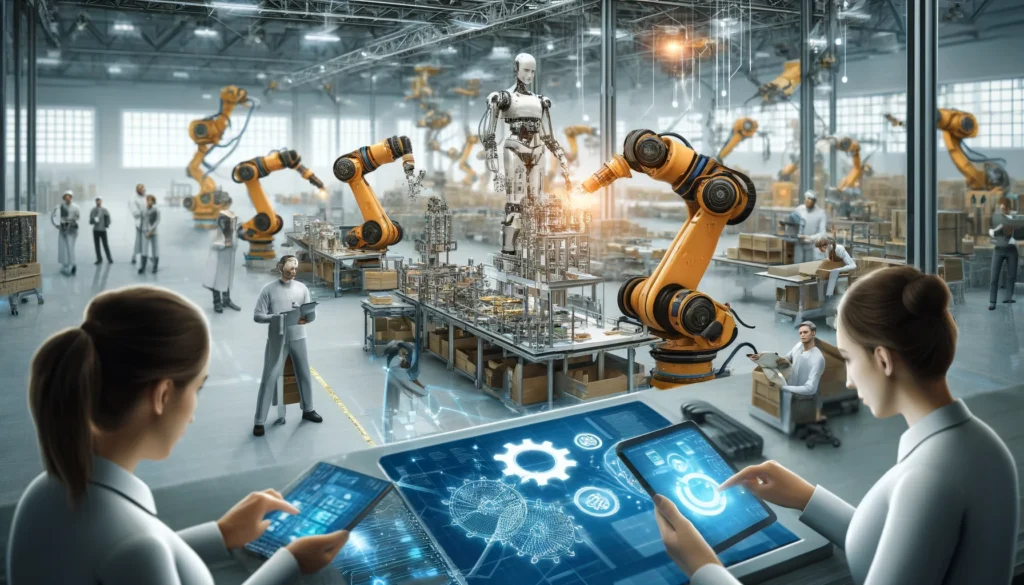 modern factory with ai-powered robotic arms assembling products, engineers monitoring the process, and digital data streams highlighting ai integration