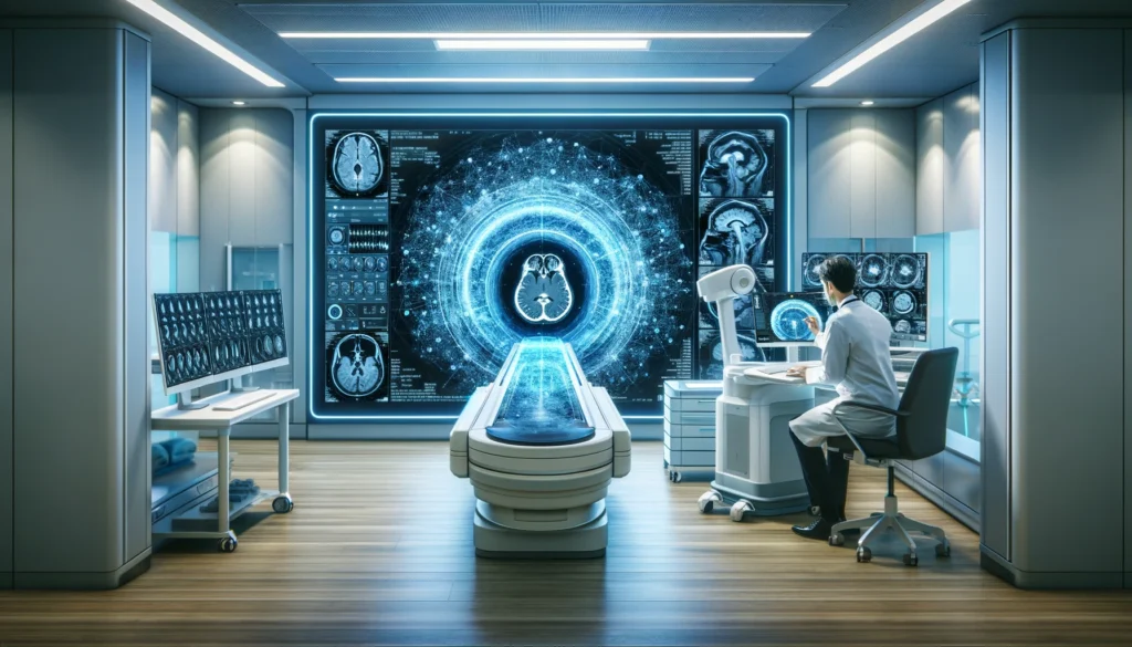 advanced radiology room with ai analyzing an mri scan, highlighting the role of ai in enhancing medical diagnostics