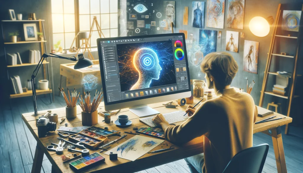 artist using ai technology on a digital canvas in a modern studio with artistic elements