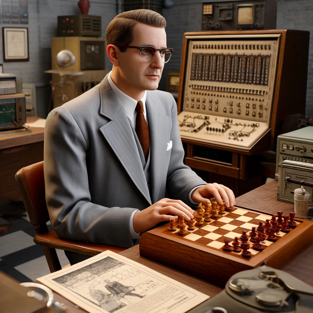 a realistic depiction of arthur samuel in the 1950s, seated at an ibm computer in an old-style lab setting. samuel, a focused, middle-aged caucasian man with glasses, is wearing a mid-century business suit and working on his pioneering checkers program. the scene features vintage computing equipment and scattered papers with checkers game diagrams, illustrating the early development of machine learning. the lab has a historical feel with old-style furniture and equipment