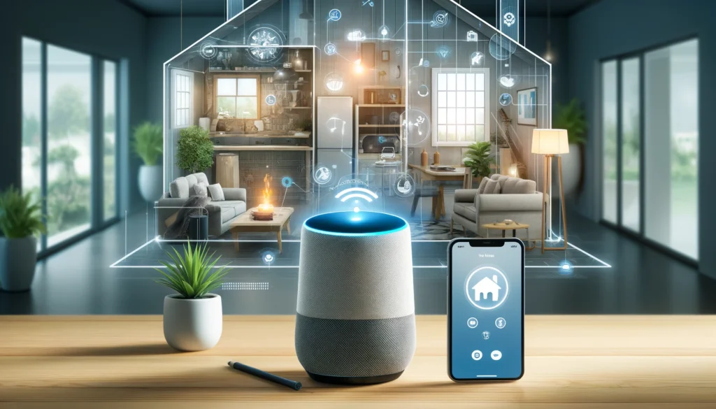 person using a smart speaker in a modern home, surrounded by smart devices like a thermostat and lighting.