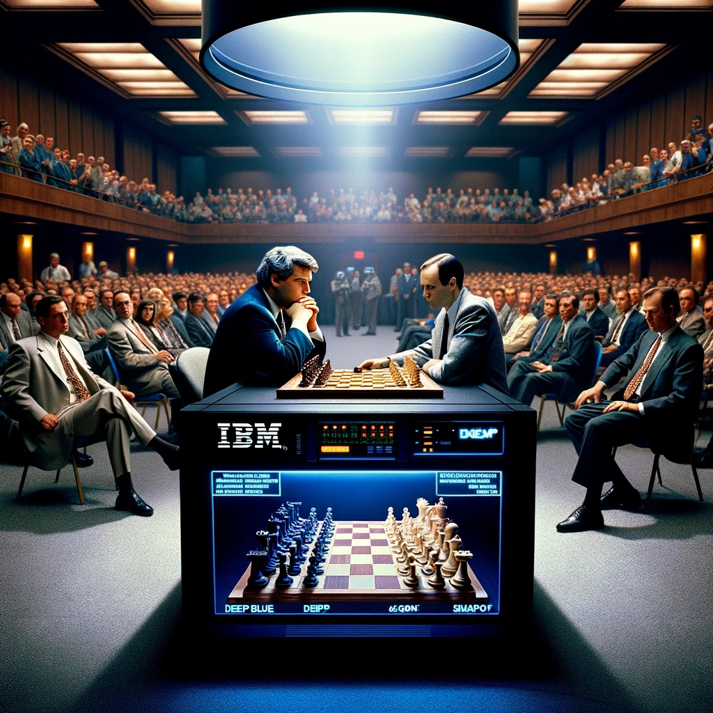 garry kasparov pondering his next move in a chess match against ibm's deep blue, 1997, in a conference room filled with spectators and reporters, highlighting the strategic capabilities of ai. key ai milestones- 