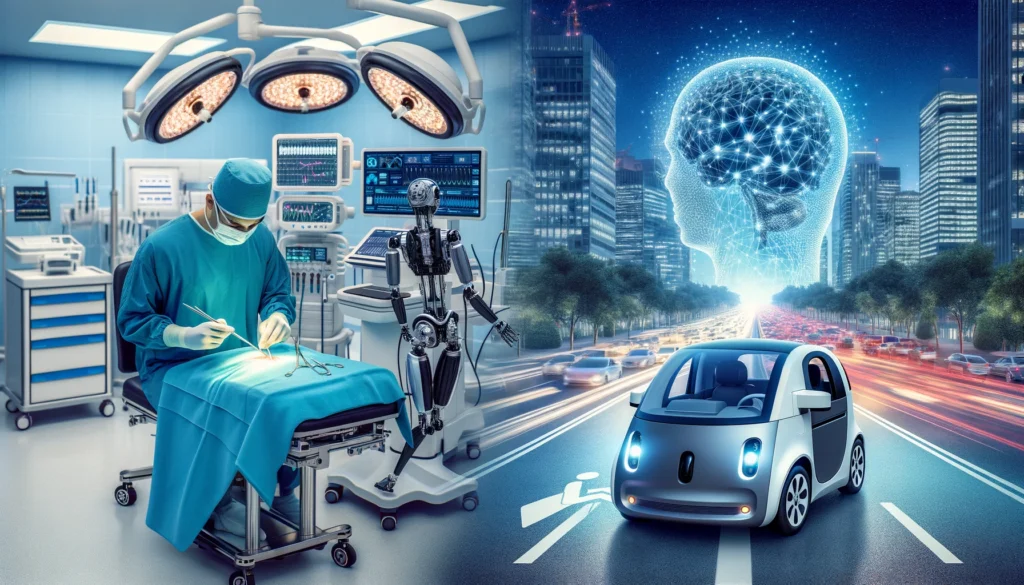 surgical robot assisting in an operation and an autonomous vehicle navigating a city street, illustrating ai's impact on healthcare and transportation