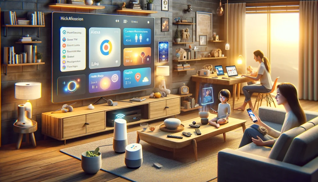 a contemporary living room where a family interacts with various ai-powered devices. a smart speaker like alexa or google home sits on a table, a smart tv displays personalized content recommendations, and a laptop with a health-tracking app is open. a smartphone shows navigation on google maps, and a child is interacting with a digital assistant. the scene is warm and inviting, demonstrating how machine learning seamlessly integrates into daily life.