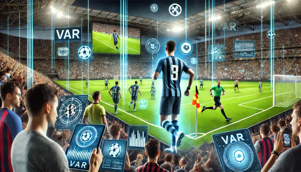 Football players using wearable tech, VAR system in action, fans engaging with AI-driven platforms
