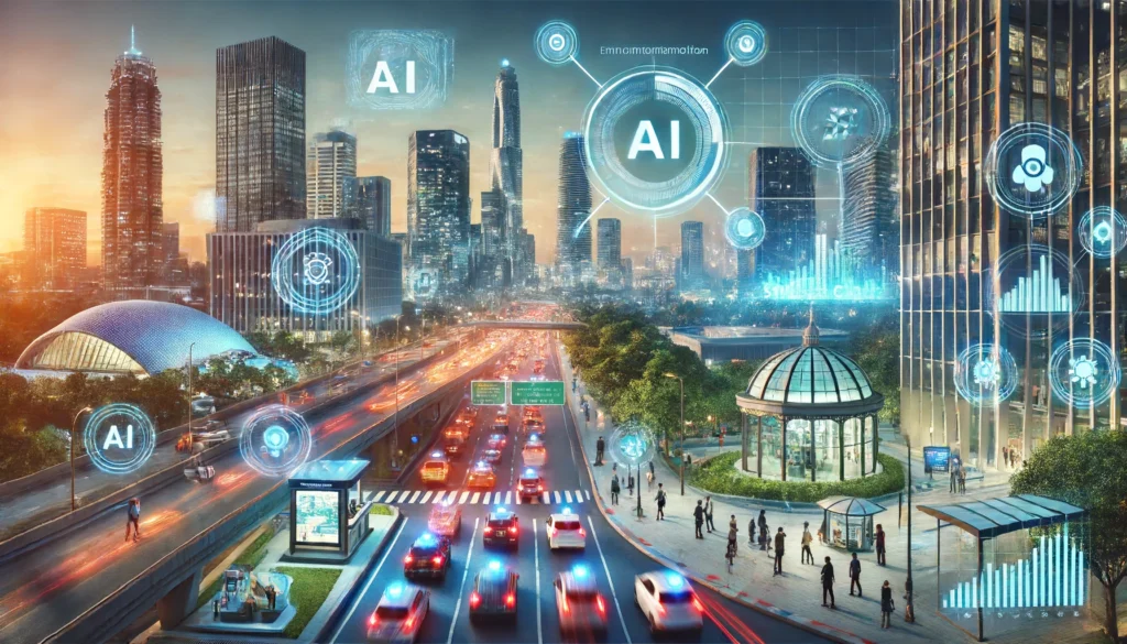 Futuristic cityscape with AI visualizations, featuring self-driving cars, smart traffic lights, energy-efficient buildings, and a smart city control room with real-time data displays